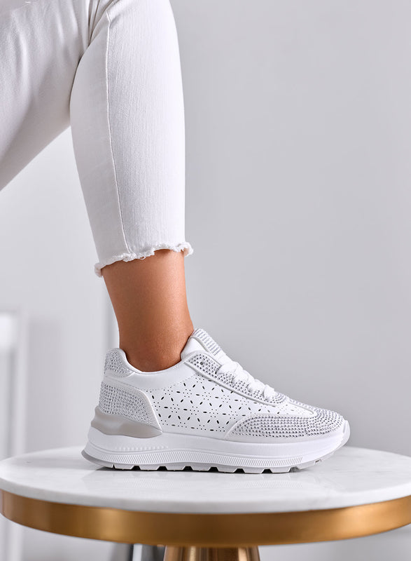 ELISA - Sneakers bianche con Strass e Dettagli Traforati