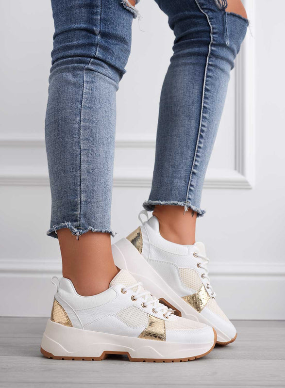 DAFFY - Perforated white Alexoo sneakers with gold inserts