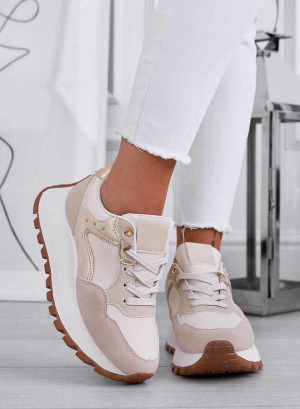 CARLA - Beige sneakers with gold studs and high sole