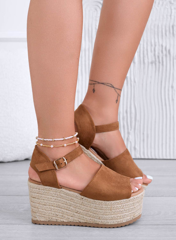 ROXIE - Camel suede espadrille sandals with wedge