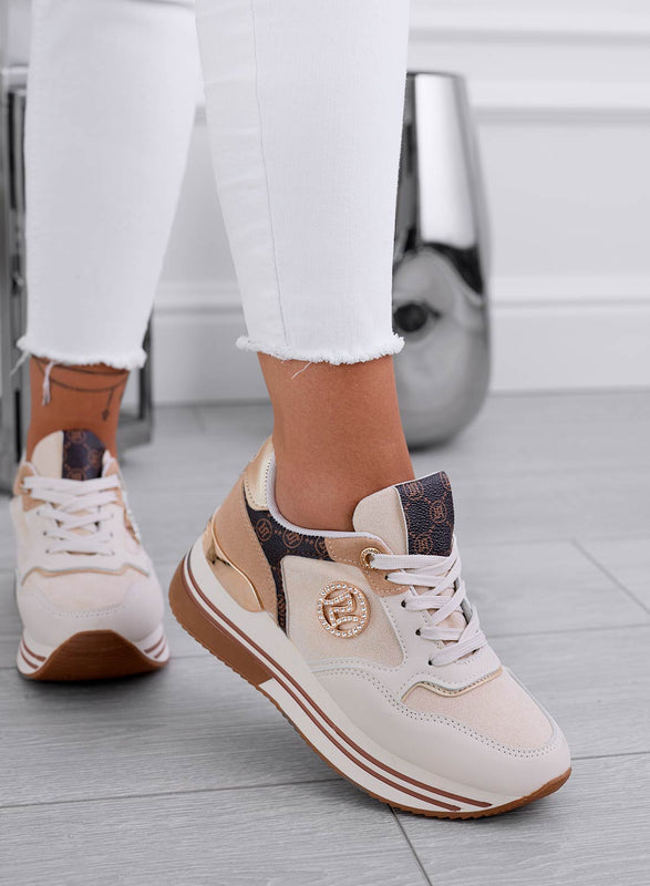 ESTER - Beige sneakers with contrasting panels and jewel application