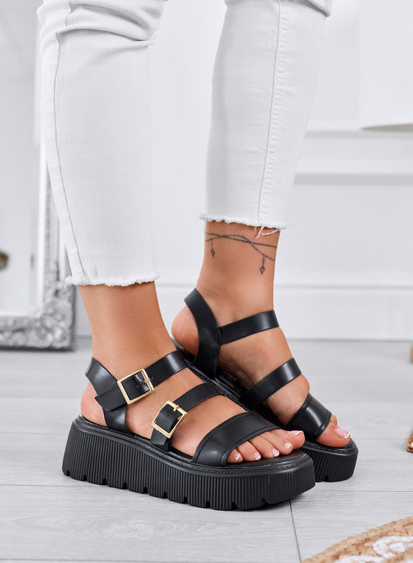 MORA - Black chunky sandals with double gold buckle and lug sole