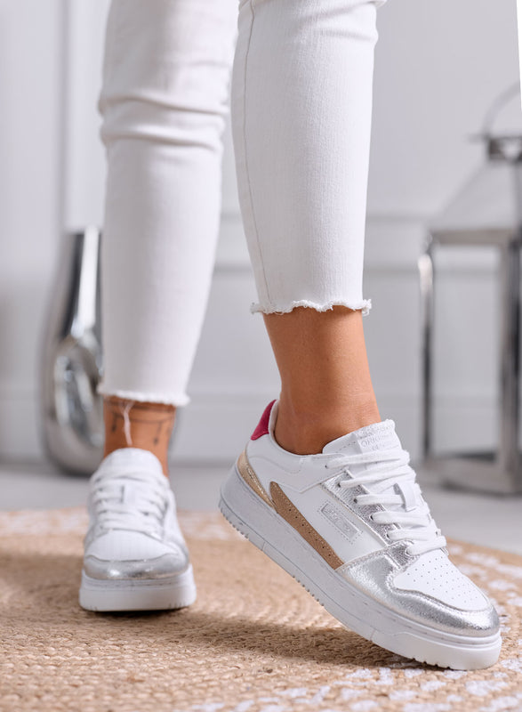 DOROTEA - White Sneakers with Silver and Gold Metallic Details