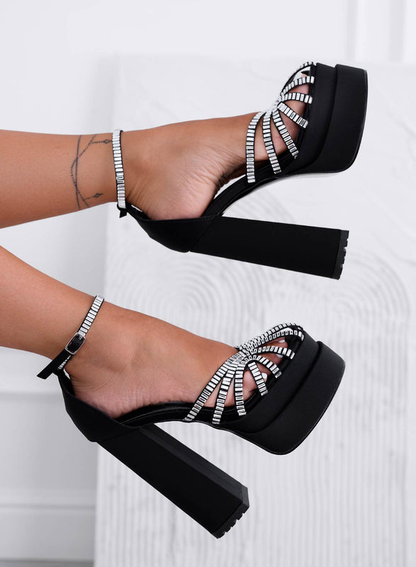 EDITH - Black Alexoo sandals with silver rhinestones and strap