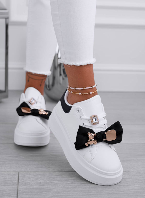 MAGDA - White sneakers with black bow and gold teddy pin