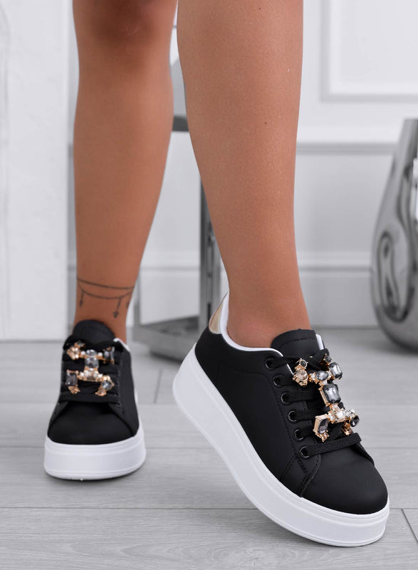 SORAYA - Black sneakers with jewel application and gold back