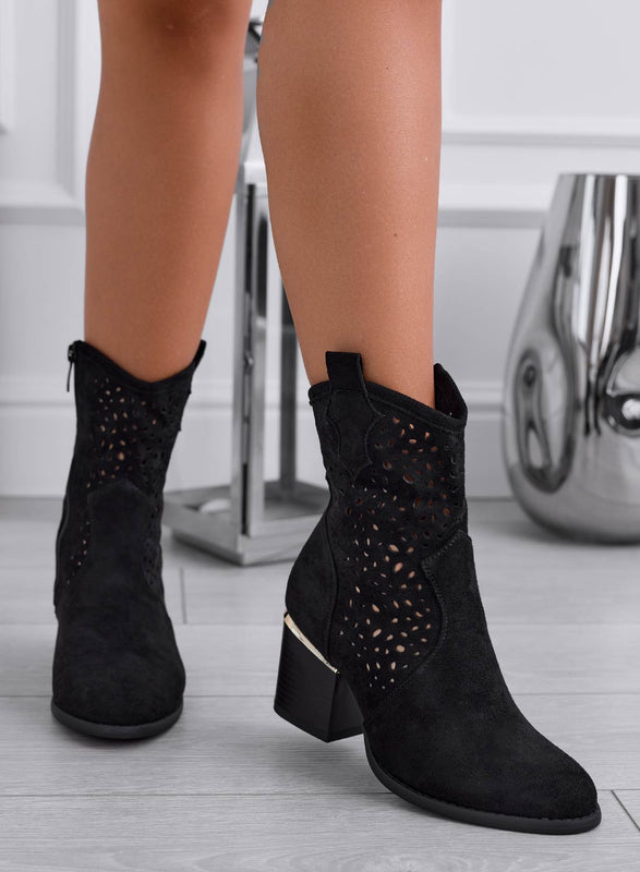 GRACE - Black suede perforated ankle boots