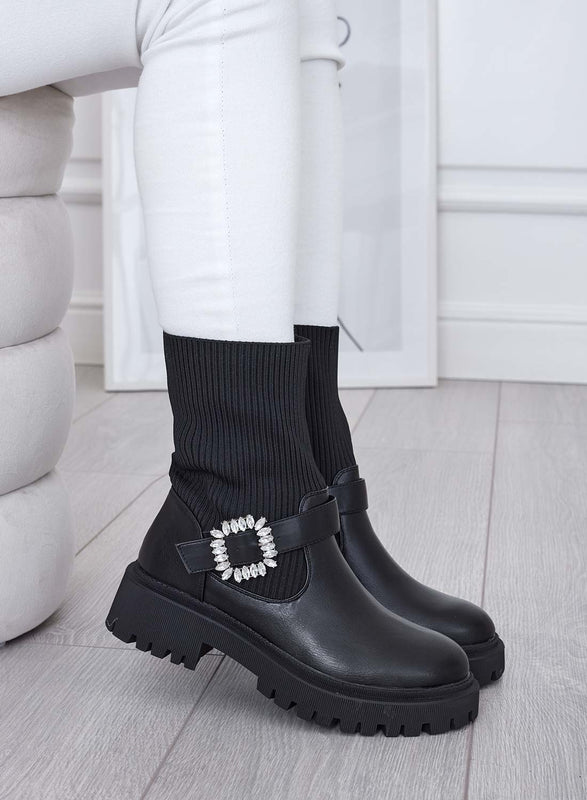 MINERVA - Black ankle boots in fabric with jewel buckle