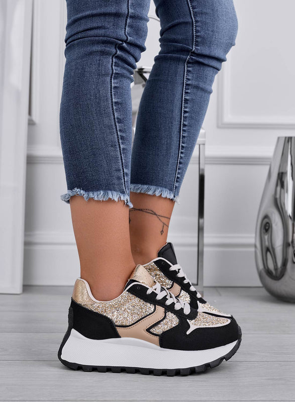 VIVIANA - Baskets noires avec empiècements pailletés or