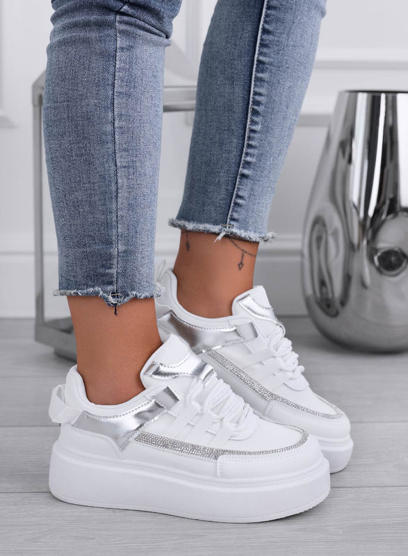 SUSAN - White sneakers with silver rhinestone band