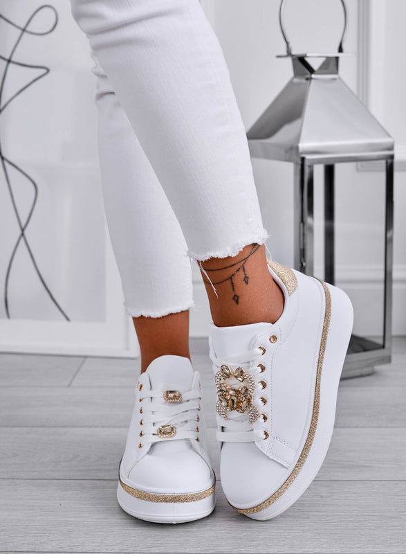 DOINA - White sneakers with jewel application and gold inserts