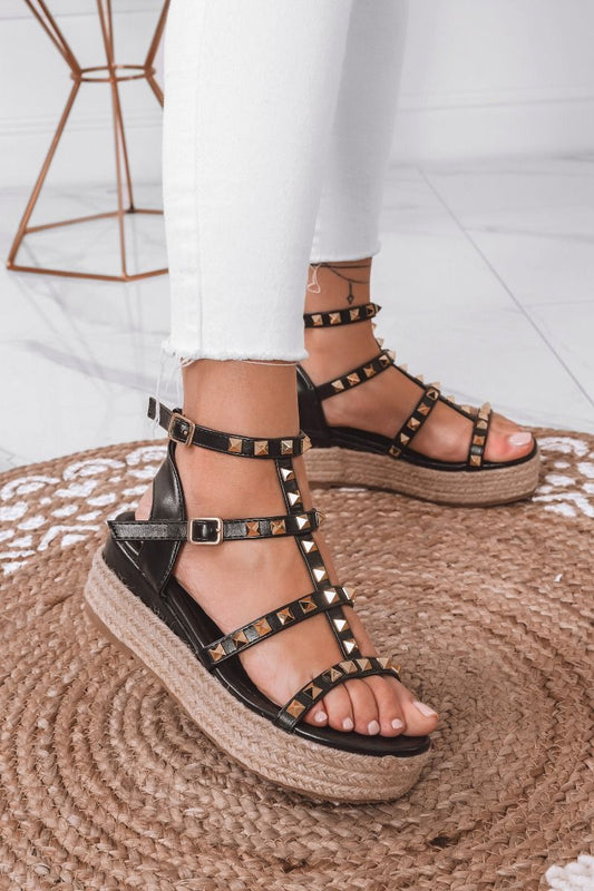 LOREEN - Black espadrilles sandals with golden studs and wedge