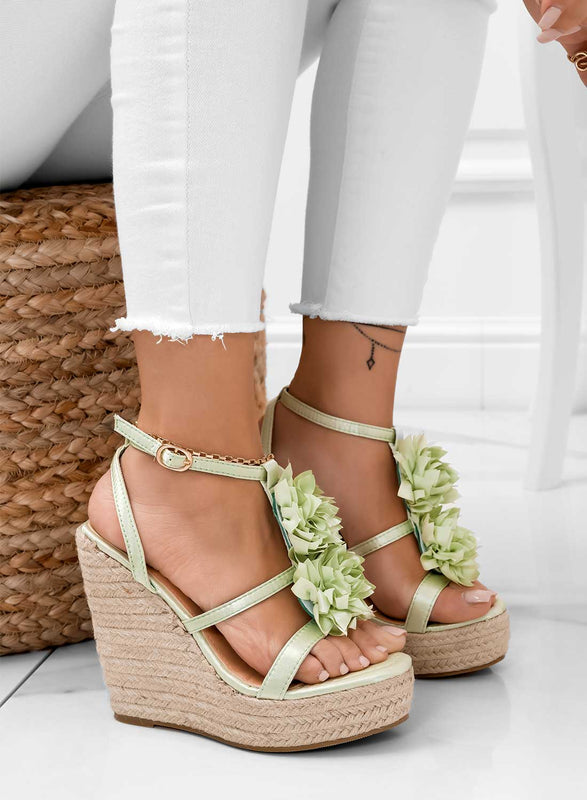 Green satin espadrille sandals with applied flower