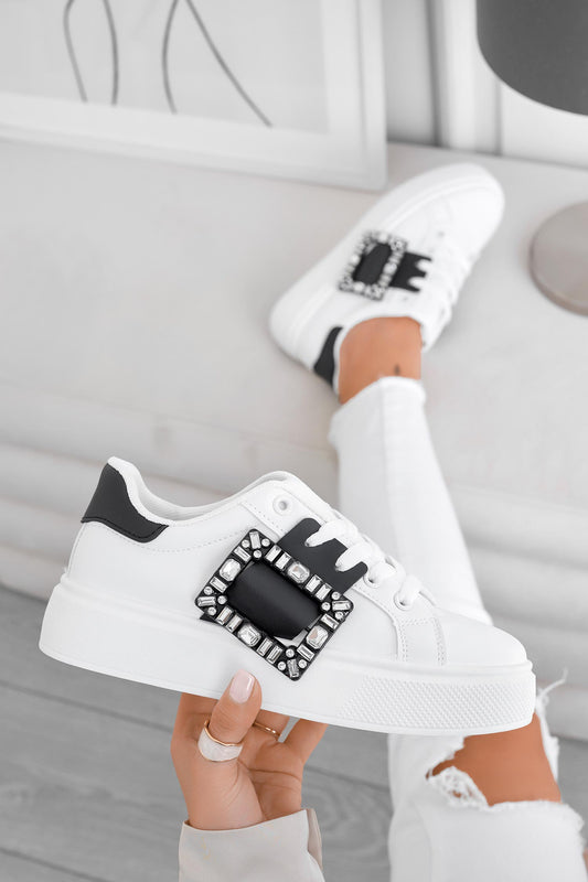 PLEASE - White jewel sneakers with black contrasting band