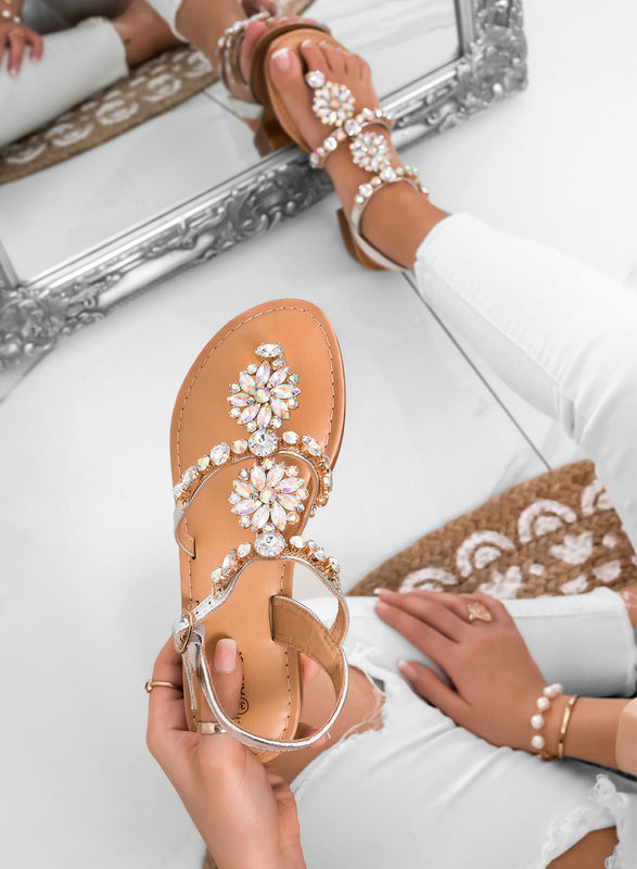 GIULY - Silver jeweled thong sandals with iridescent stones
