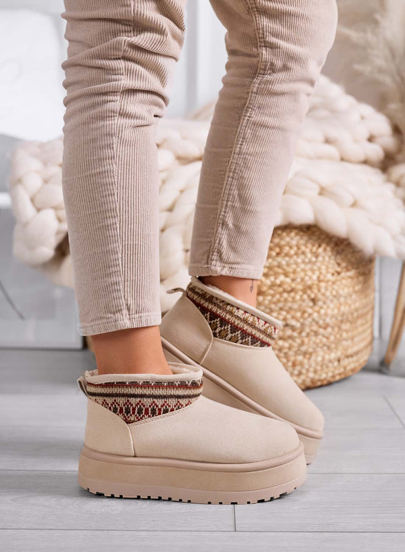 DYLAN - Beige padded ankle boots for women with ethnic pattern