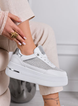 SONIA - White sneakers with fabric inserts and silver details
