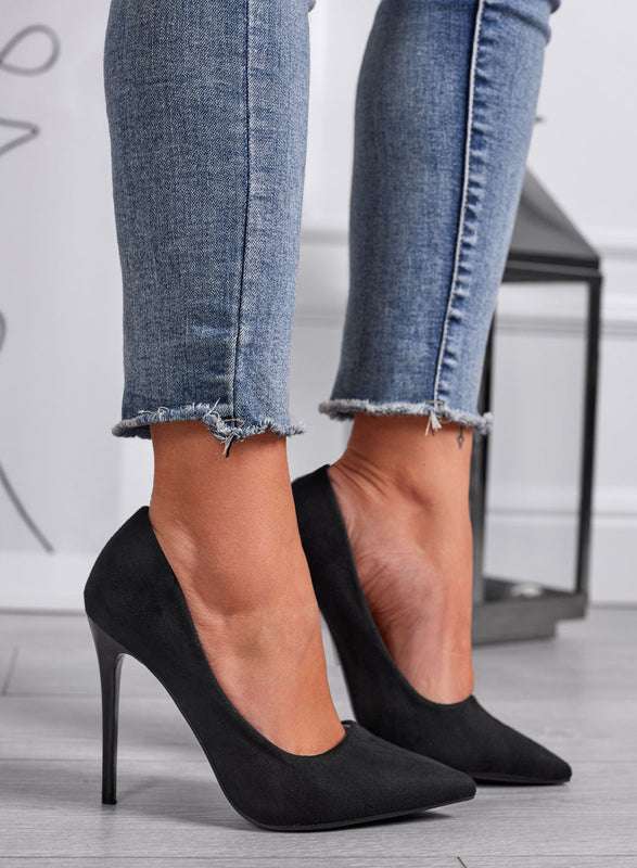 ANASTASIA - Black suede pumps with a patent leather heel