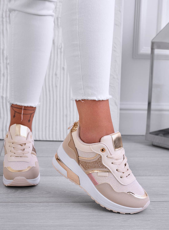 GRETA - Beige sneakers with wedge and gold inserts