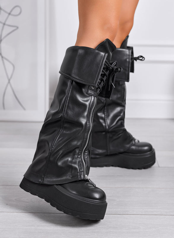 AURELIA - Botas negras altas con cuña y cremallera frontal