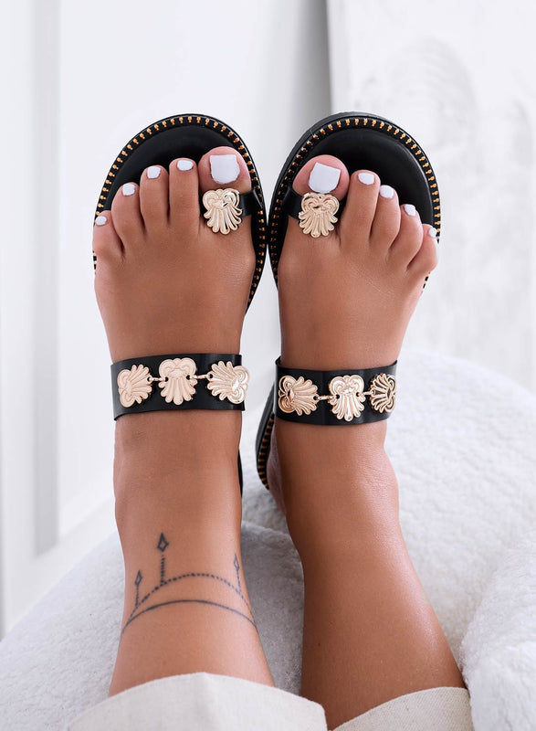 SENDY - Black low flip-flop sandals with gold applications