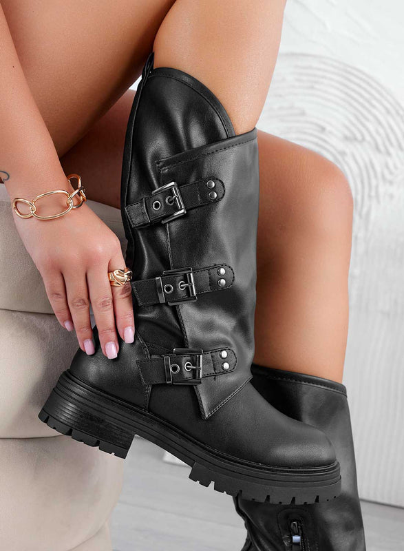 OLGA - Black biker ankle boots with buckles