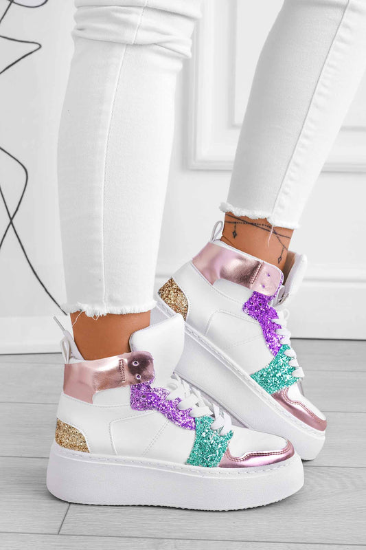 ROSINA - White sneakers with multicolor glitter inserts