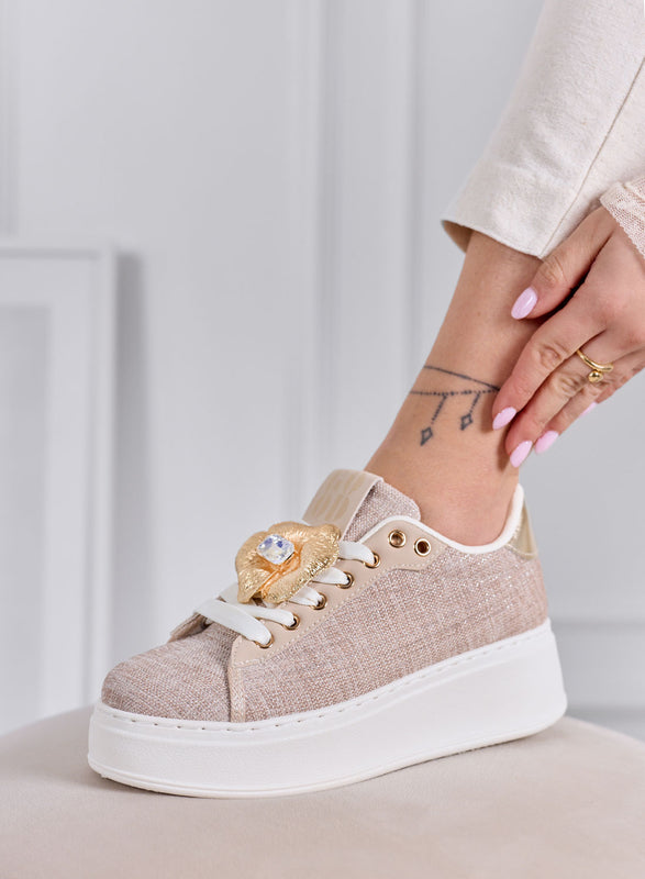 NORA - Beige Sneakers with Jewel Embellishments and Platform Sole