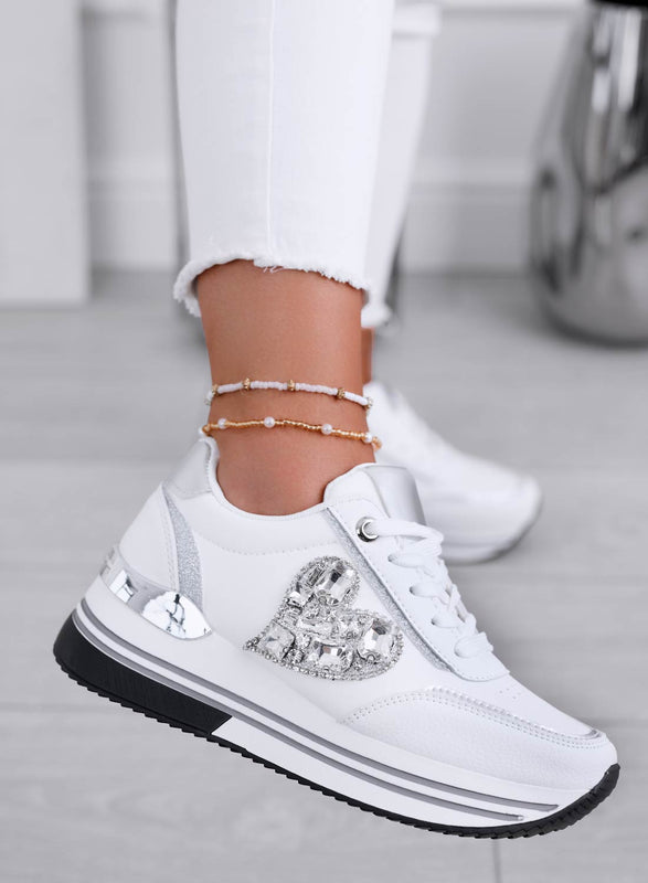 VENUS - White sneakers with silver jewel heart