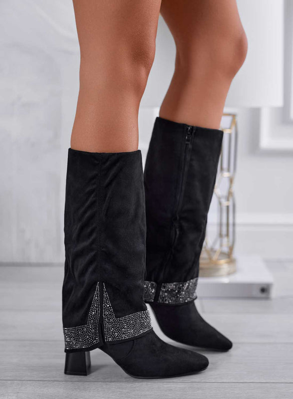 MELINA - Black suede boots with cuff and rhinestone trim