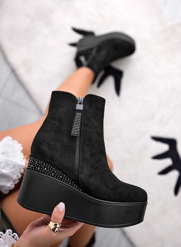 MARGHERITA -  Black ankle boots with wedge and rhinestones