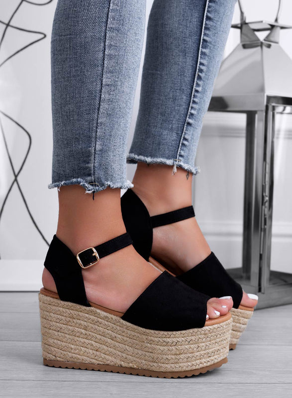 ROXIE - Black suede espadrille sandals with wedge