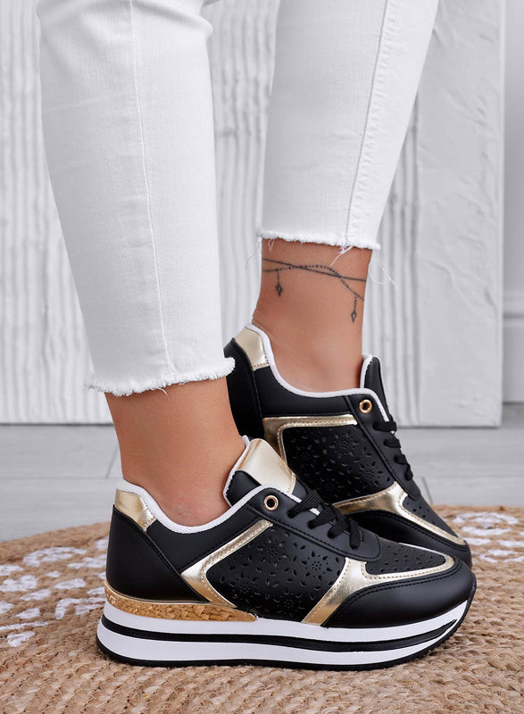 MINA - Black perforated sneakers with gold inserts