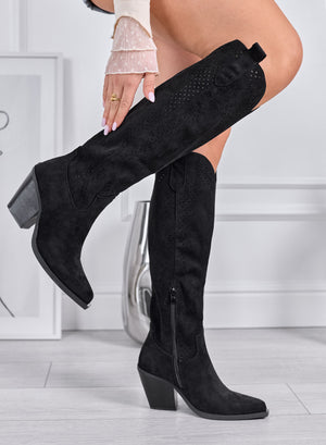 JANINE - Black Perforated High Texan Boots with Medium Heel