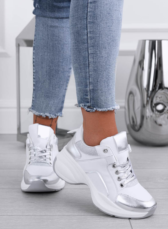 PATTY - White sneakers with silver glitter inserts