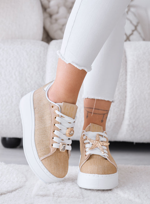 LINDA - Beige sneakers with gold jewel embellishments and platform sole