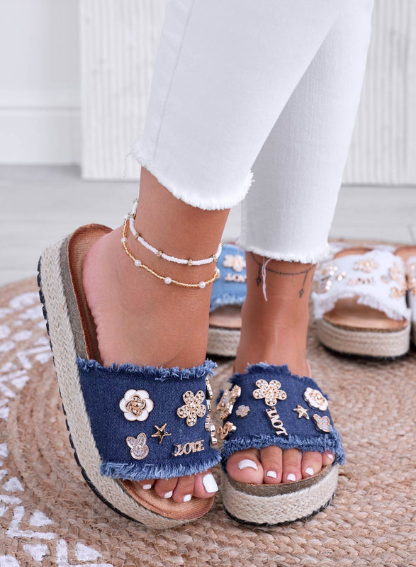 COLEEN - Dark blue denim slipper sandals with gold appliques