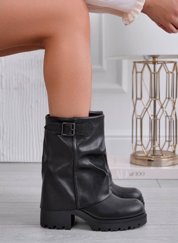 ONCE - Bottines noires biker avec revers et boucle