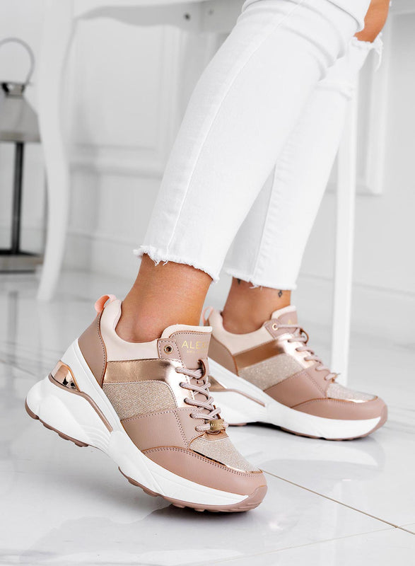 FREYA - Alexoo rose gold sneakers with glitter inserts