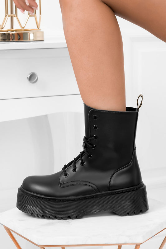 SANDRA - Black faux leather lace-up boots