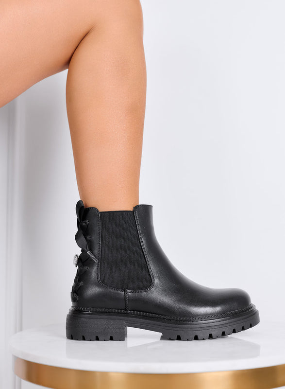 DANIELA - Black combat ankle boots with bow and jewel details on the back