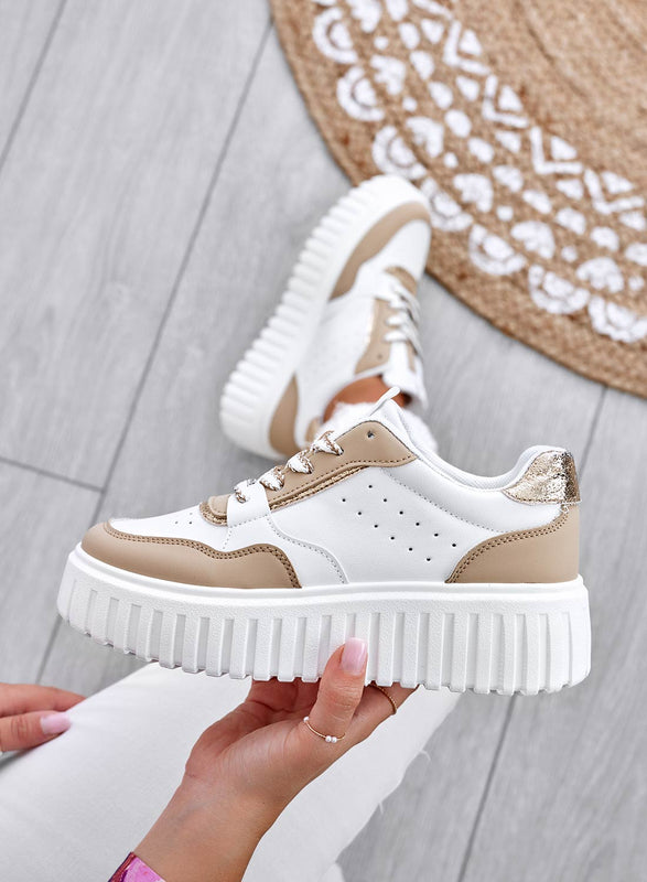 DAIANA - Baskets blanches avec empiècements taupe et lacets en tissu