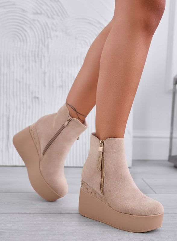 MARGHERITA -  Alexoo beige ankle boots with wedge and rhinestones