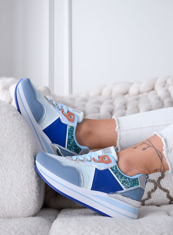 VALDA - Zapatillas azules con suela gruesa e inserciones de glitter