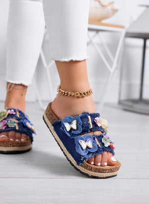 ALIBY – Blue denim sandals with colorful flowers and jewel details on cork sole