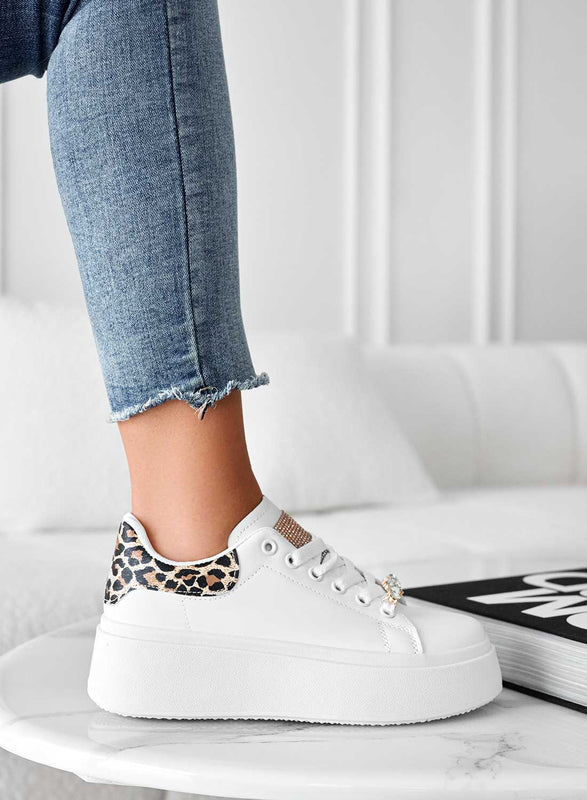 DELIA - White sneakers with jewel application and leopard print back