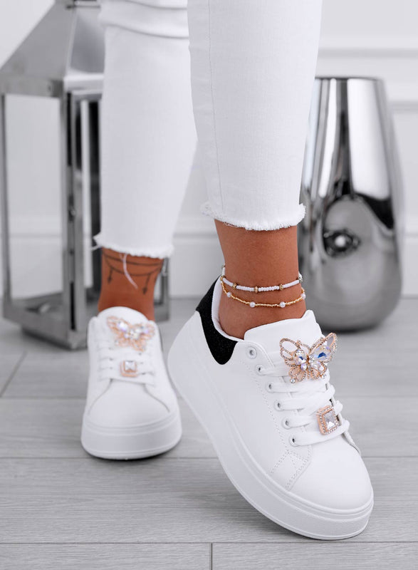 NOEMI - White sneakers with jewel butterfly application and black back