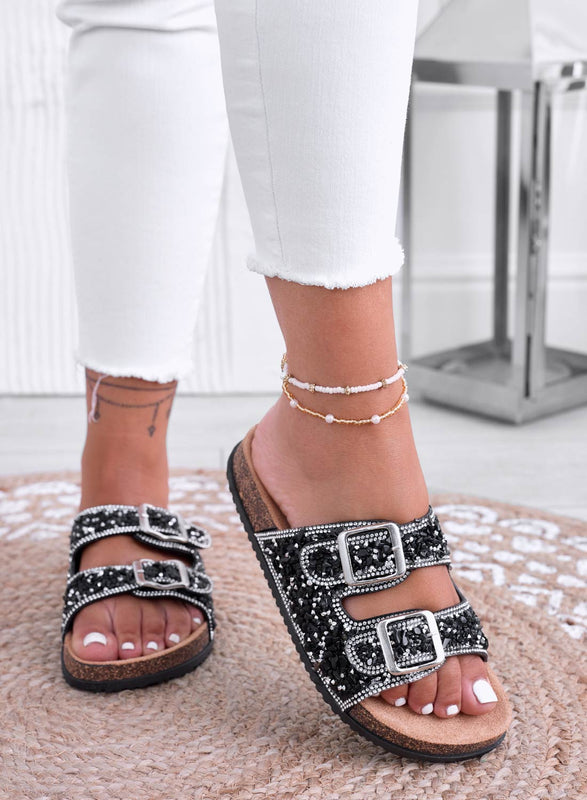 BROOKE - Black jeweled sandals with buckles and rhinestones