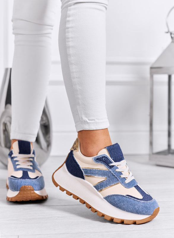 DENISE - Baskets bleu jean avec empiècements beiges et semelle épaisse