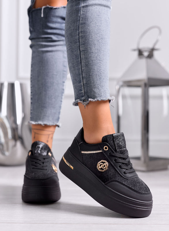 CARLA - Black Platform Sneakers with Gold and Glitter Details